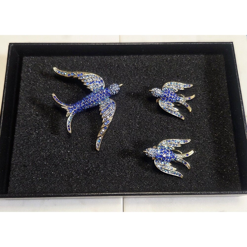 HEIDI DAUS Blue Swallows 3 Pc SET Crystal Necklace CLIP Earrings Pin